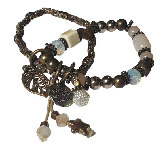 Handmade Mac Mode Italy Vintage Bronze Bead Stretch Two LayeBracelet  With Charm - Picture 2 of 6